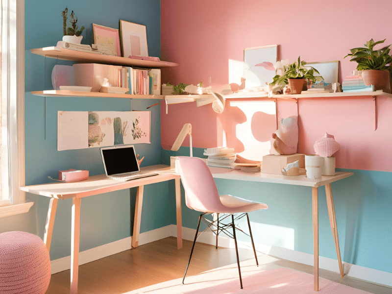 pink and blue painted study room
