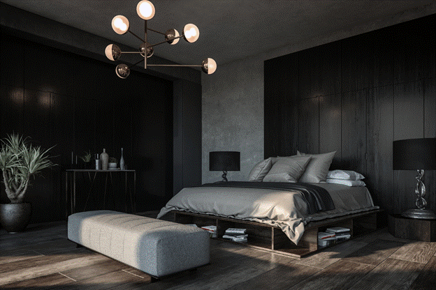 A bedroom with a bed and a bench

AI-generated content may be incorrect.